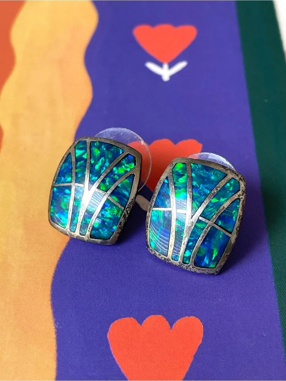 Vintage stamped sterling silver & blue green opal (?) inlay earrings